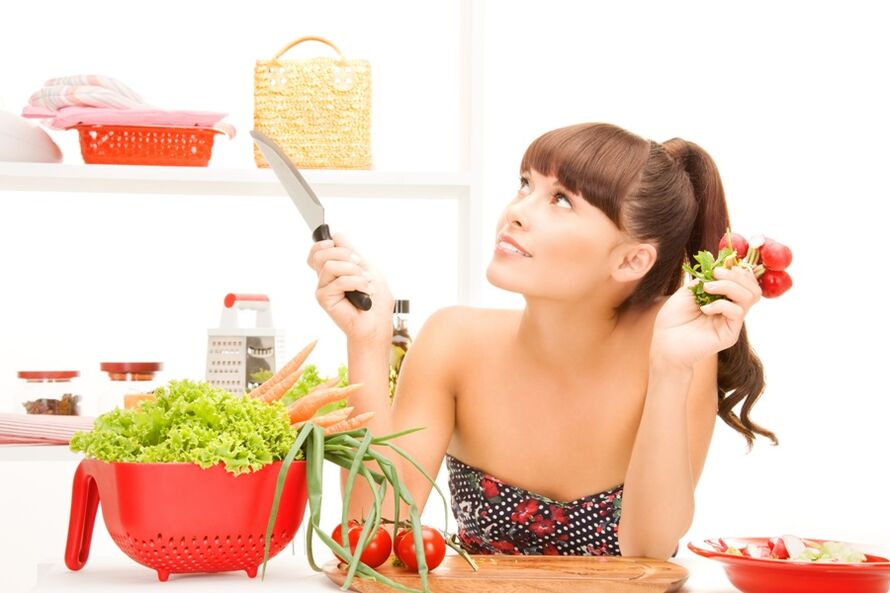 the girl prepares vegetables on a diet of 6 petals